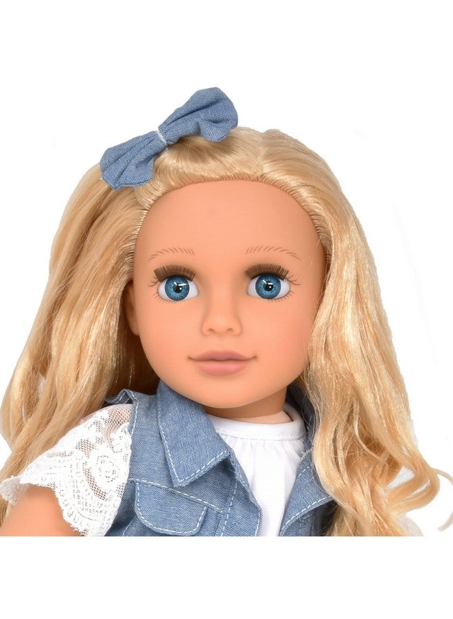 18 Inch Girl Doll Fashion Doll With Fine Blond Long Hair For Styling Blue Eyes Floral Outfit Denim Jacket Sandals Boots Hair Bow Handbag Doll Clothes & Accessories Princess Doll For Girls And Kids