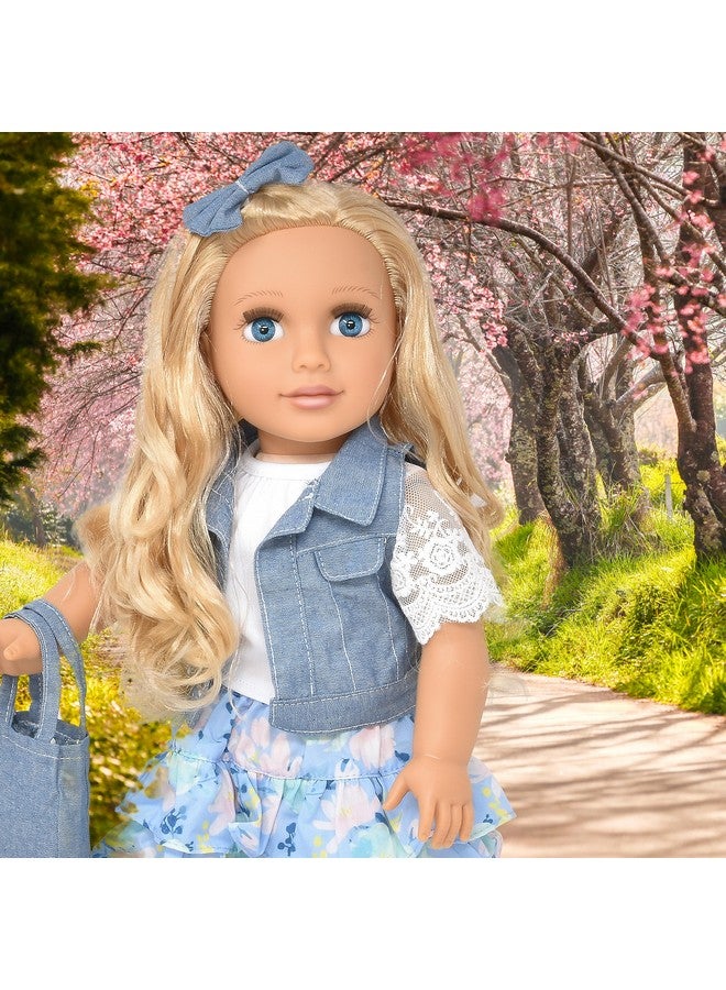 18 Inch Girl Doll Fashion Doll With Fine Blond Long Hair For Styling Blue Eyes Floral Outfit Denim Jacket Sandals Boots Hair Bow Handbag Doll Clothes & Accessories Princess Doll For Girls And Kids