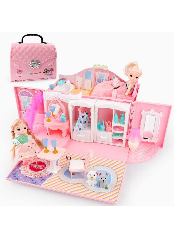 Kids Dollhouse Playset Portable Dollhouse Toy Girls Pretend Playhouse With Furniture & Figures 2 In 1 Playhouse Set Birthday Gifts For Age 36 Year Old Kindergarten Toddlers Preschoolers
