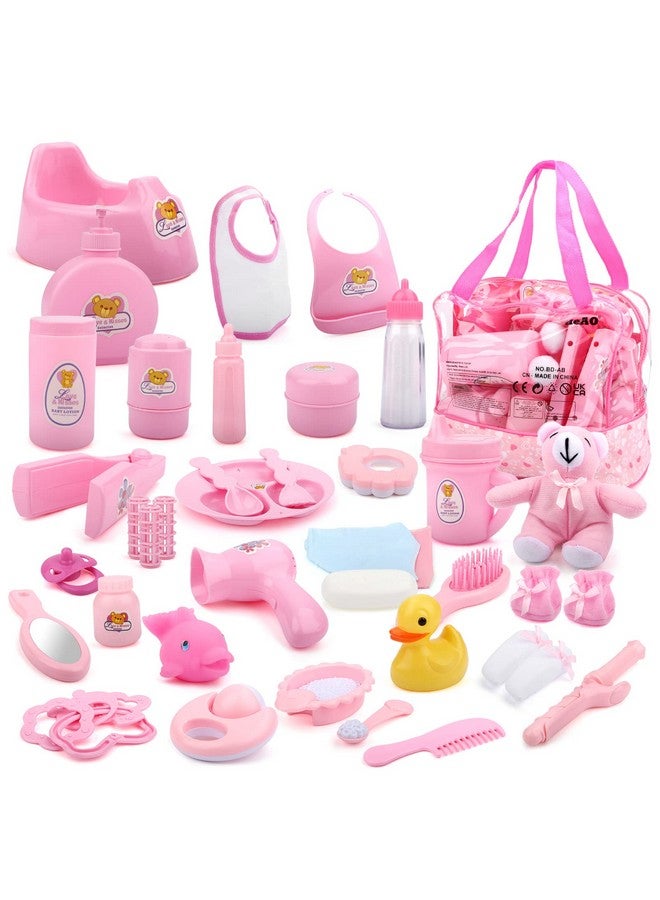 40 Piece Baby Doll Accessories Bag With Baby Feeding Accessories Clothes Doll Bear Bath Toys Soother Dummy And Much More Great Nurturing Pretend Toy For Kids