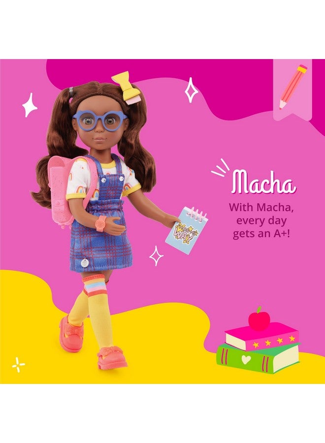 14Inch Fashion Doll Hazel Eyes & Brown Hair Rainbow Top & Romper Backpack & Accessories 3 Years + Macha