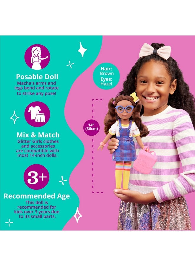 14Inch Fashion Doll Hazel Eyes & Brown Hair Rainbow Top & Romper Backpack & Accessories 3 Years + Macha
