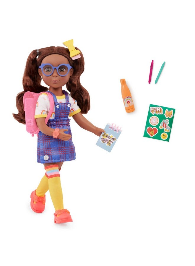 14Inch Fashion Doll Hazel Eyes & Brown Hair Rainbow Top & Romper Backpack & Accessories 3 Years + Macha