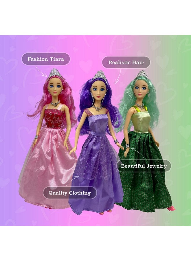 Princess Doll Set For Girls 3 Little Dolls For Dollhouse Fairy Tale ; 11.5” Princess Dolls For 312 Year Old Girls ; Princess Toy Dolls With Pretty Mermaid Hair Tiaras Jewelry Colorful Gowns