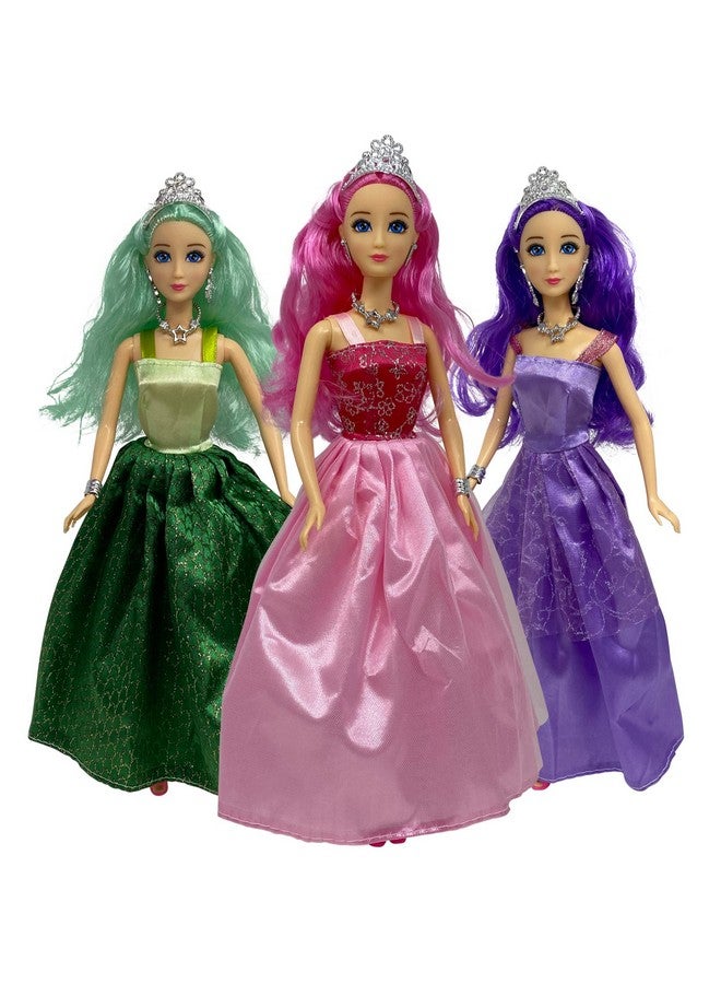 Princess Doll Set For Girls 3 Little Dolls For Dollhouse Fairy Tale ; 11.5” Princess Dolls For 312 Year Old Girls ; Princess Toy Dolls With Pretty Mermaid Hair Tiaras Jewelry Colorful Gowns