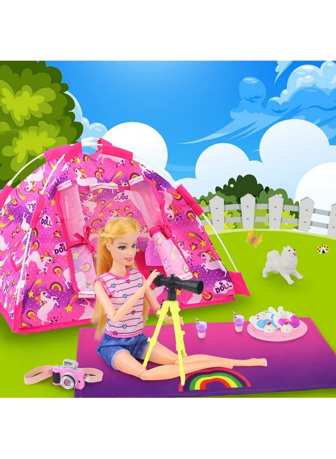 15 Pcs Doll Camping And Accessories Set For 11.5 Inch Girl Doll Includes Doll Tent Clothes Chair Camera Drink Cupcake Donut Telescope Toy Dog Bag