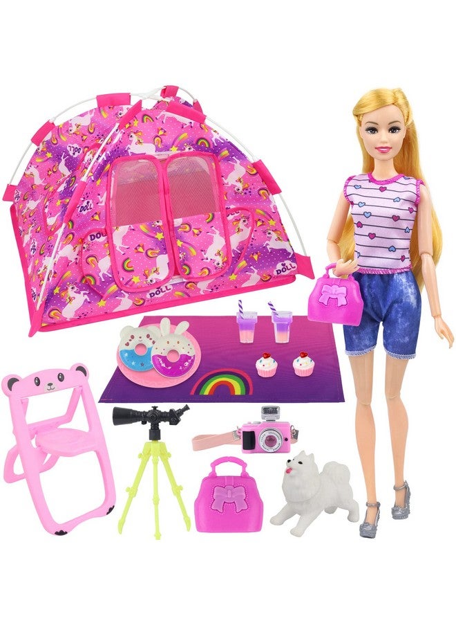 15 Pcs Doll Camping And Accessories Set For 11.5 Inch Girl Doll Includes Doll Tent Clothes Chair Camera Drink Cupcake Donut Telescope Toy Dog Bag