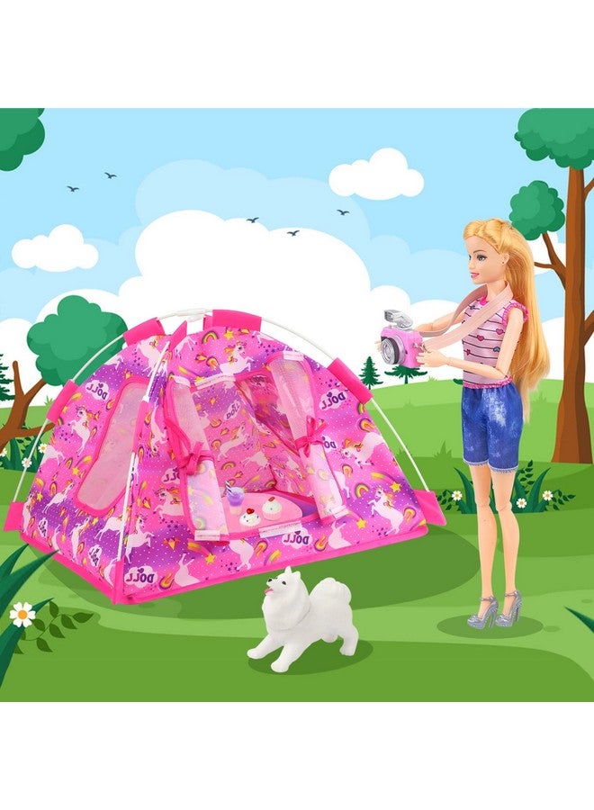 15 Pcs Doll Camping And Accessories Set For 11.5 Inch Girl Doll Includes Doll Tent Clothes Chair Camera Drink Cupcake Donut Telescope Toy Dog Bag