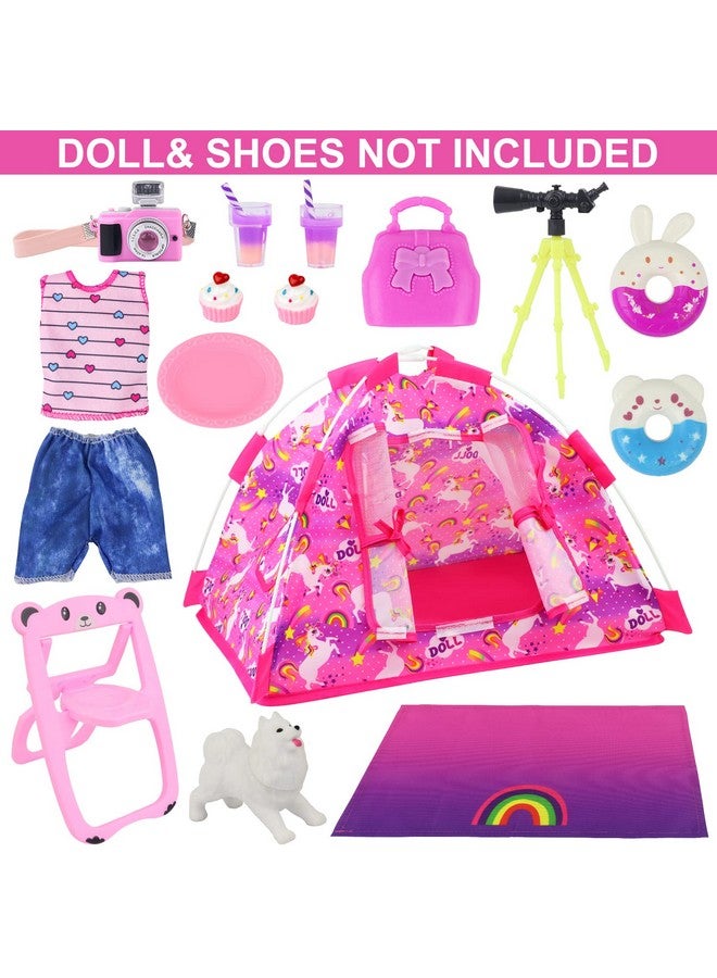 15 Pcs Doll Camping And Accessories Set For 11.5 Inch Girl Doll Includes Doll Tent Clothes Chair Camera Drink Cupcake Donut Telescope Toy Dog Bag