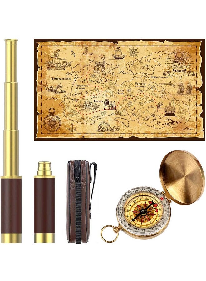 Pirate Spyglass Telescope Treasure Map Pocket Compass Kids Toys Set Handheld Collapsible 25X30 Zoomable Monocular Polyester Fabric Huge Map & Golden Compass Boys Gift For Pirate Lovers