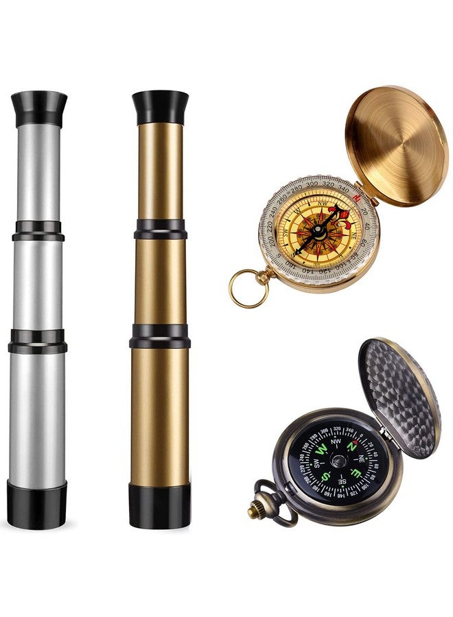 Kids Pirate Telescope & Compass Toy Kits 4Pcs Pack Plastic Collapsible Handheld Retro Telescope Spyglass & Pocket Survival Gear Compass For Pirate Theme Party Cosplay Birthday Xmas Gift For Kids