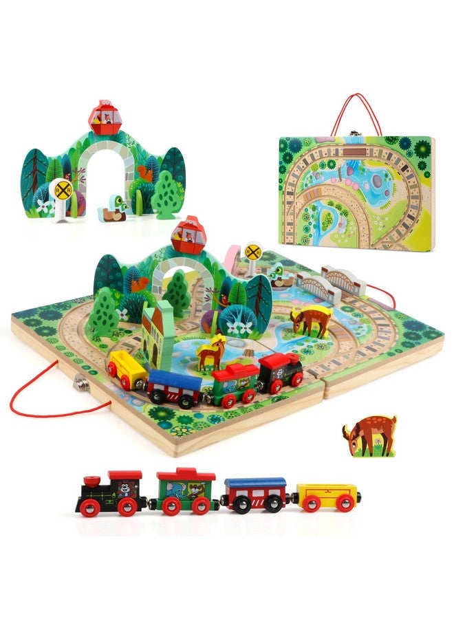 18 Piece Train Set For Toddlers Wooden Takealong Tabletop Railroad For Kids Age 3+ Portable Durable Train Tracks Train Toys With 4 Trains Bridge Play Pieces