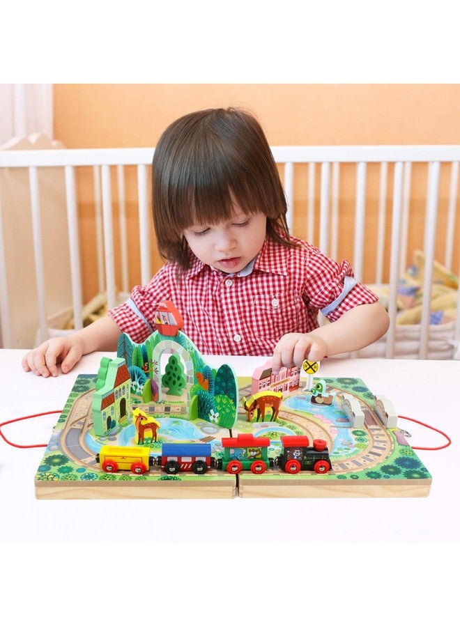 18 Piece Train Set For Toddlers Wooden Takealong Tabletop Railroad For Kids Age 3+ Portable Durable Train Tracks Train Toys With 4 Trains Bridge Play Pieces