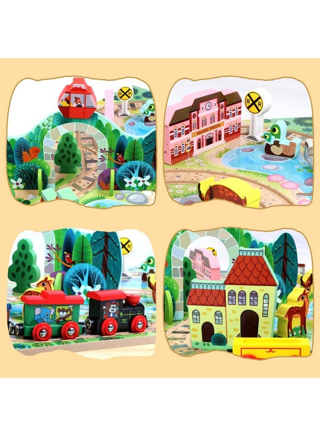 18 Piece Train Set For Toddlers Wooden Takealong Tabletop Railroad For Kids Age 3+ Portable Durable Train Tracks Train Toys With 4 Trains Bridge Play Pieces