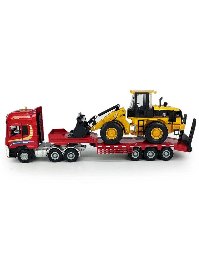 Flatbed Truck Toy With Excavator Loader Tractor Bulldozer Semi Tow Truck Transport Trailer Metal Diecast Construction Vehicles 2 In 1 Vehicle Playset Friction Powered Toy Trucks For Boys Kids Gift Red