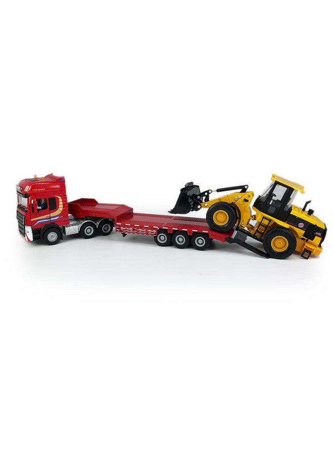 Flatbed Truck Toy With Excavator Loader Tractor Bulldozer Semi Tow Truck Transport Trailer Metal Diecast Construction Vehicles 2 In 1 Vehicle Playset Friction Powered Toy Trucks For Boys Kids Gift Red