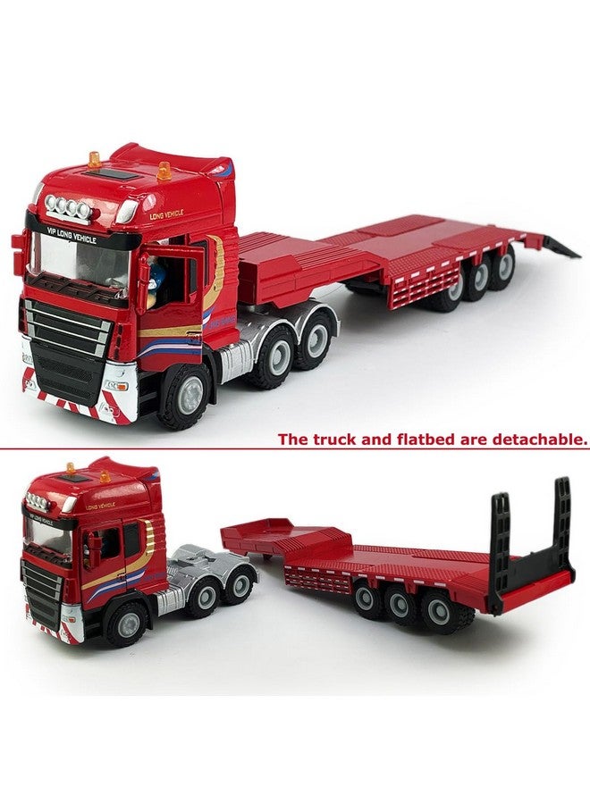 Flatbed Truck Toy With Excavator Loader Tractor Bulldozer Semi Tow Truck Transport Trailer Metal Diecast Construction Vehicles 2 In 1 Vehicle Playset Friction Powered Toy Trucks For Boys Kids Gift Red