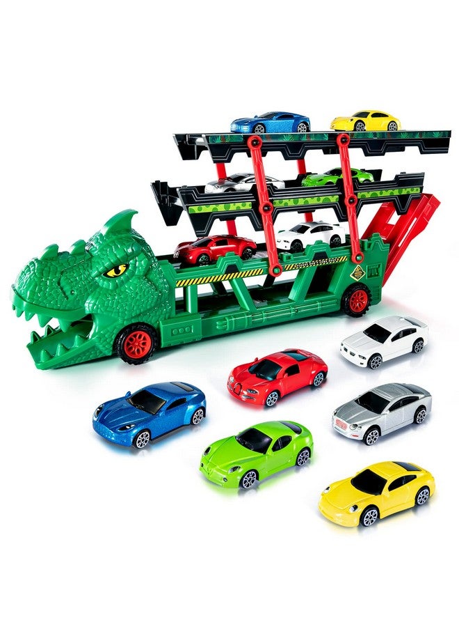 Dinosaur Truck Toy With 6 Diecast Race Cars For 2 3 4 5 6 Years Old Toddler Boys Dino Storage Carrier With 4 Expandable Levels Features A Builtin Cars Launcher Gift For Preschool Kids