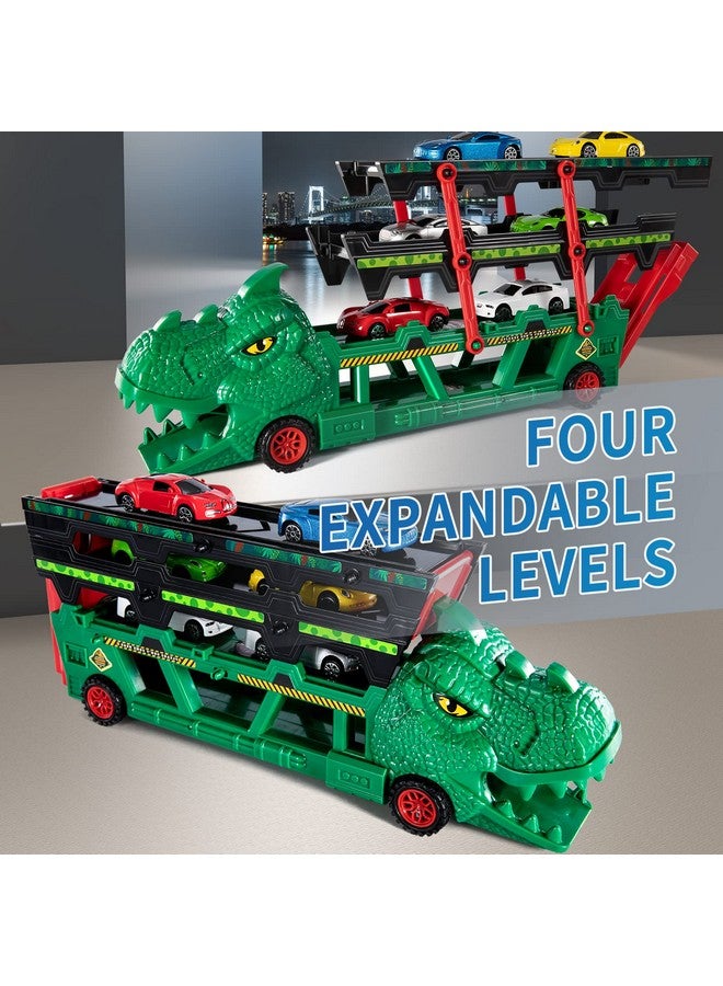 Dinosaur Truck Toy With 6 Diecast Race Cars For 2 3 4 5 6 Years Old Toddler Boys Dino Storage Carrier With 4 Expandable Levels Features A Builtin Cars Launcher Gift For Preschool Kids