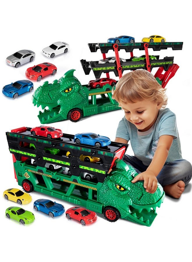 Dinosaur Truck Toy With 6 Diecast Race Cars For 2 3 4 5 6 Years Old Toddler Boys Dino Storage Carrier With 4 Expandable Levels Features A Builtin Cars Launcher Gift For Preschool Kids