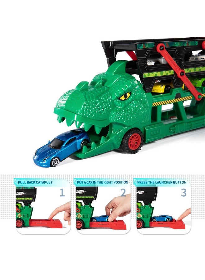 Dinosaur Truck Toy With 6 Diecast Race Cars For 2 3 4 5 6 Years Old Toddler Boys Dino Storage Carrier With 4 Expandable Levels Features A Builtin Cars Launcher Gift For Preschool Kids