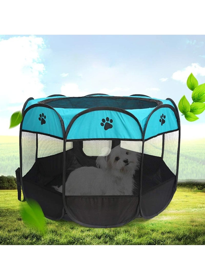 Octagonal Pet Dog And Cat House, Portable Kennel Puppy Bed House Foldable Tent Fence, Indoor Outdoor Use, Black And Blue, Pet Bed