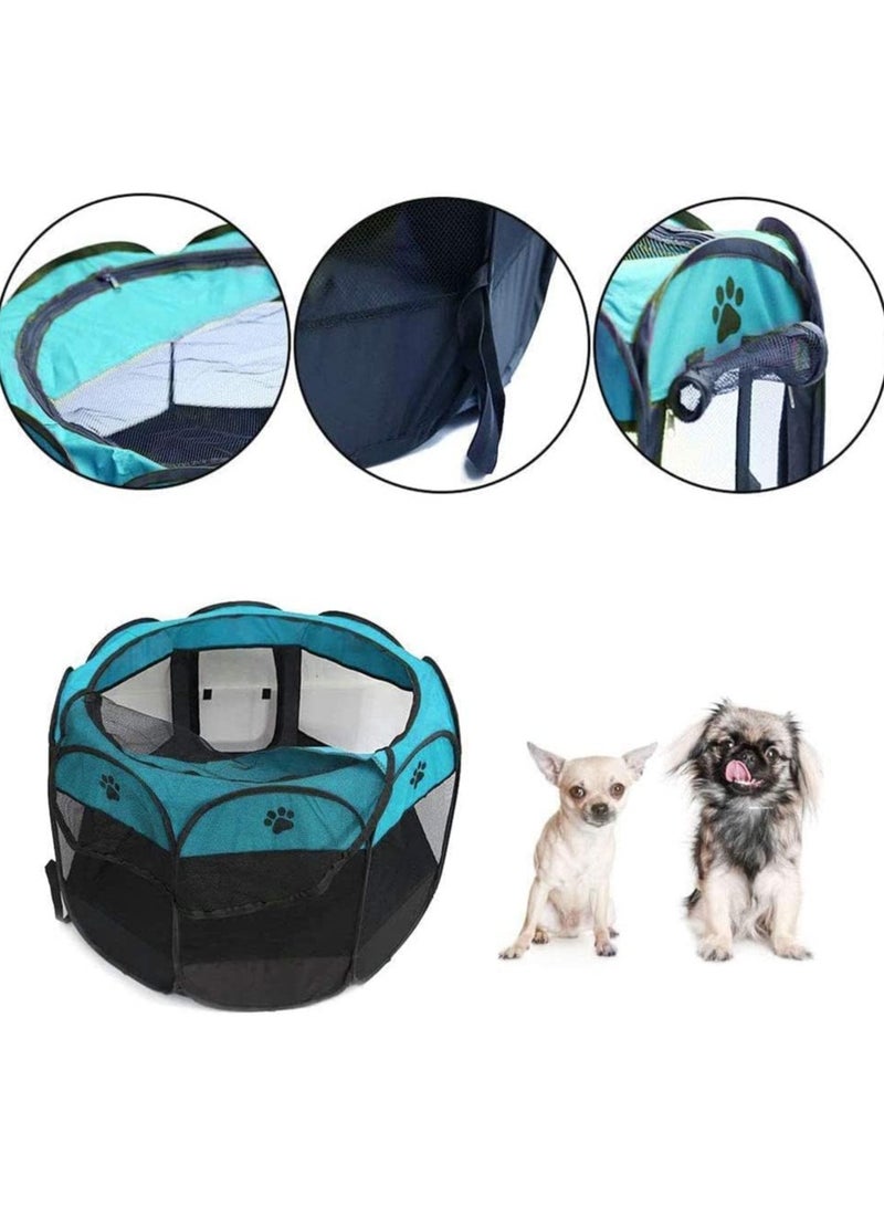 Octagonal Pet Dog And Cat House, Portable Kennel Puppy Bed House Foldable Tent Fence, Indoor Outdoor Use, Black And Blue, Pet Bed