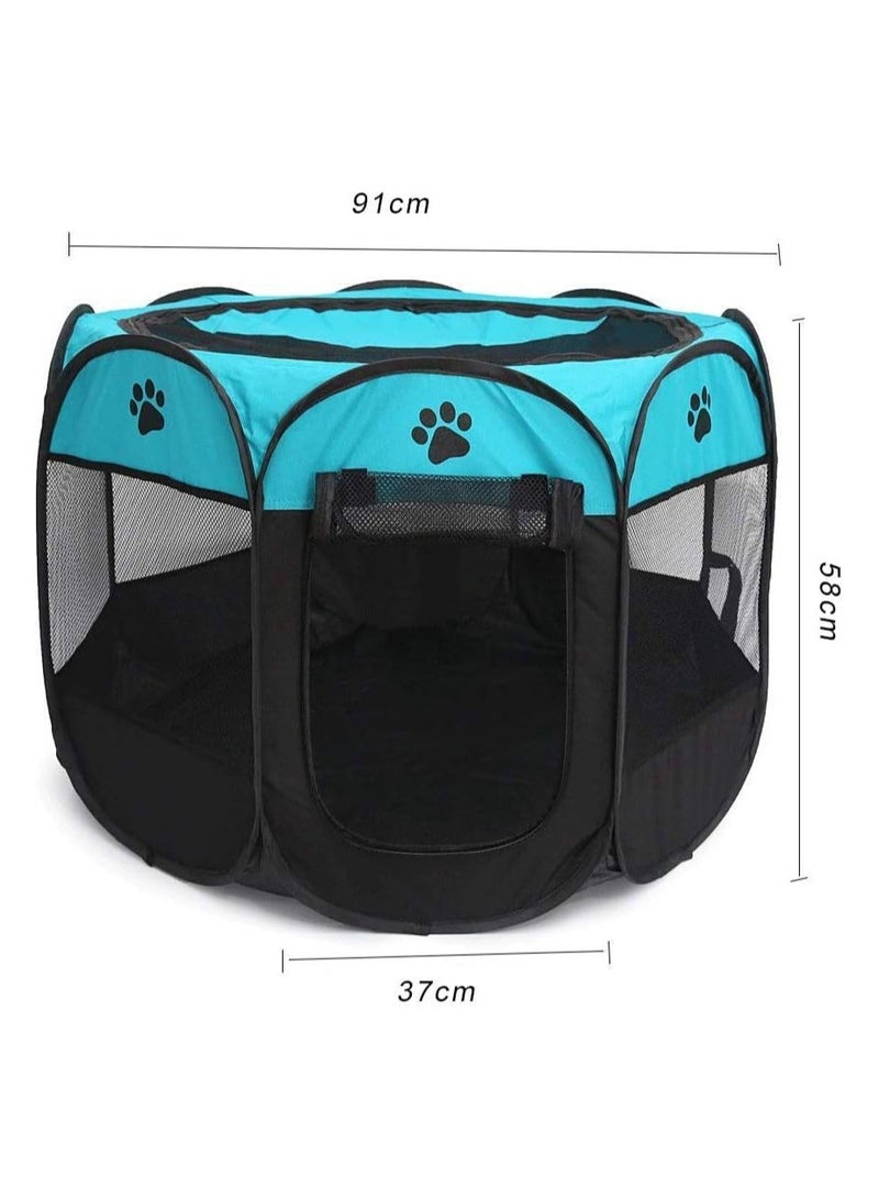 Octagonal Pet Dog And Cat House, Portable Kennel Puppy Bed House Foldable Tent Fence, Indoor Outdoor Use, Black And Blue, Pet Bed