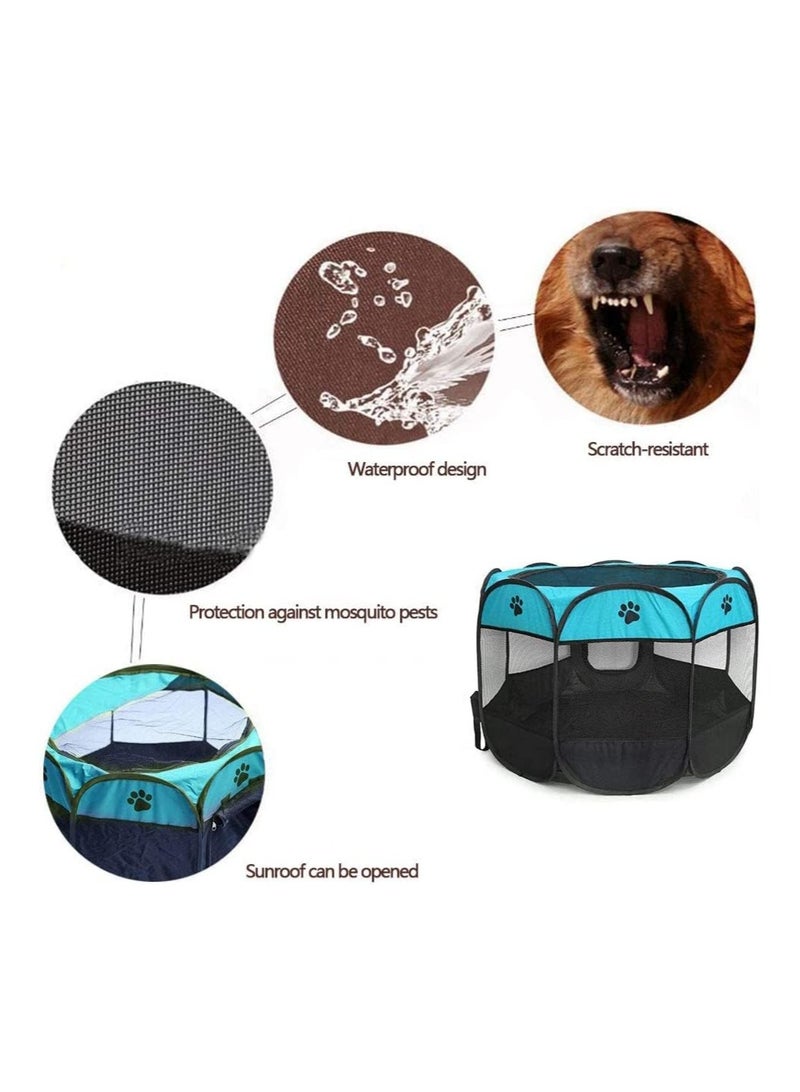 Octagonal Pet Dog And Cat House, Portable Kennel Puppy Bed House Foldable Tent Fence, Indoor Outdoor Use, Black And Blue, Pet Bed