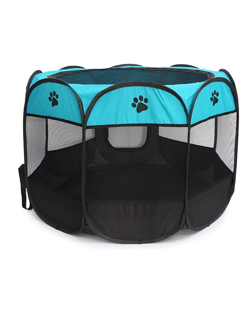 Octagonal Pet Dog And Cat House, Portable Kennel Puppy Bed House Foldable Tent Fence, Indoor Outdoor Use, Black And Blue, Pet Bed