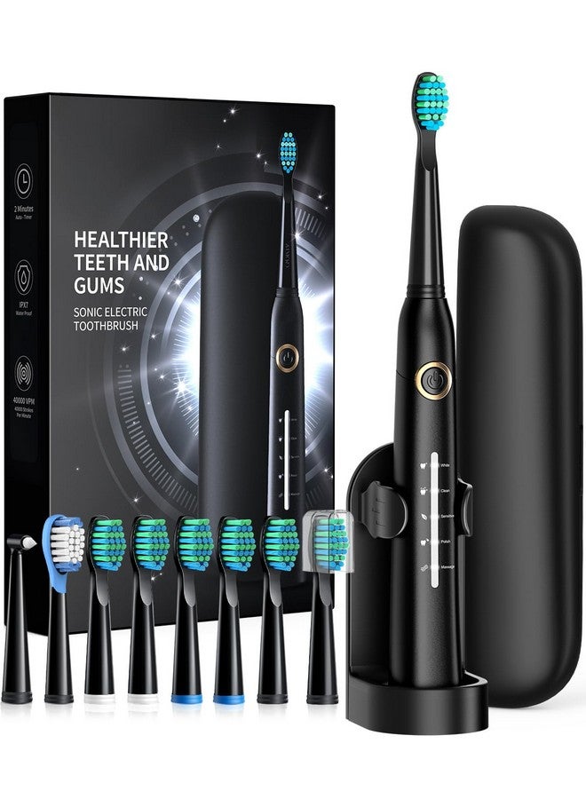 Sonic Electric Toothbrush For Adults Power Electric Toothbrush With 8 Brush Heads Travel Case 40000 Vpm Deep Clean 5 Modes Rechargeable Toothbrushes Fast Charge 4 Hours Last 30 Days Black