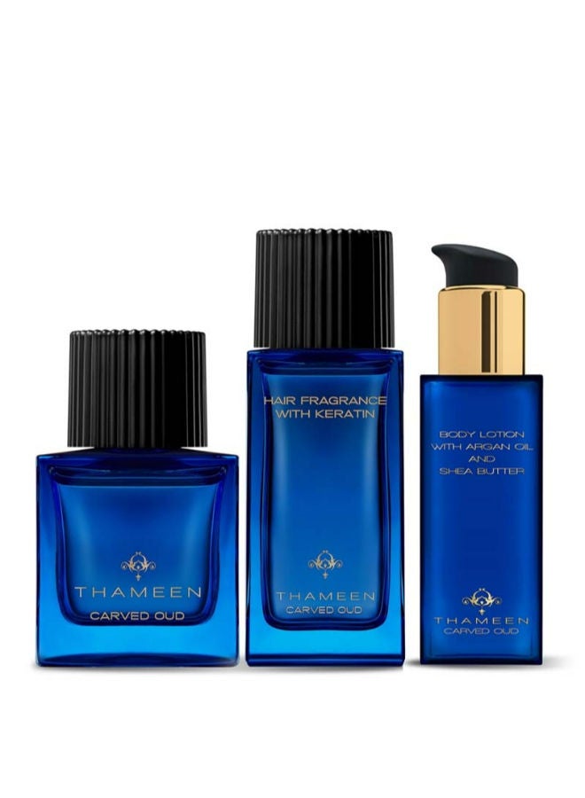 Thameen Carved Oud Eau de Parfum, 50 ml + Hair Fragrance With Keratin 50 ml + Body lotion 100 ml Gift Set