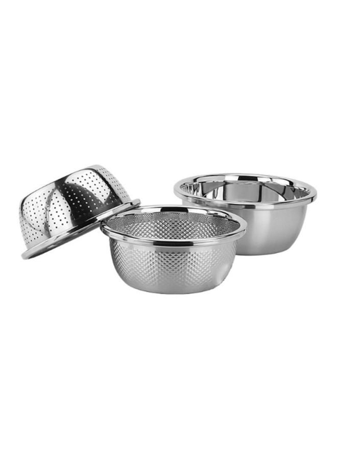 3 Piece Stainless Steel Cookware Set Stainless Steel Big Bowl 26x10, Small Bowl 24x9.3, Strainer 22x9cm