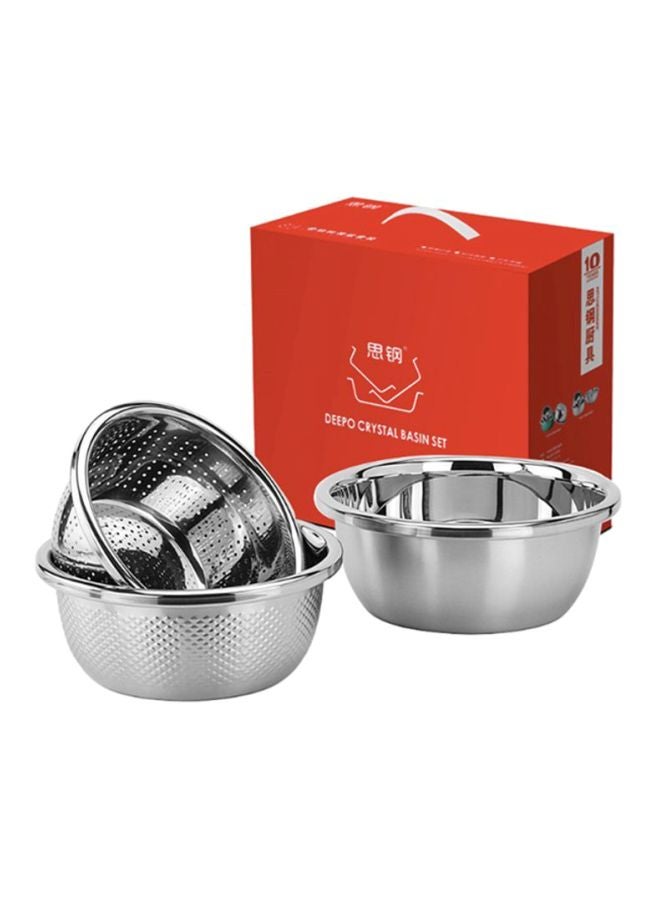 3 Piece Stainless Steel Cookware Set Stainless Steel Big Bowl 26x10, Small Bowl 24x9.3, Strainer 22x9cm
