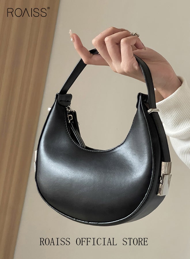 Women PU Leather Shoulder Bag Women Crescent Lock Clutch Bag Solid Color Design Fashionable and Versatile