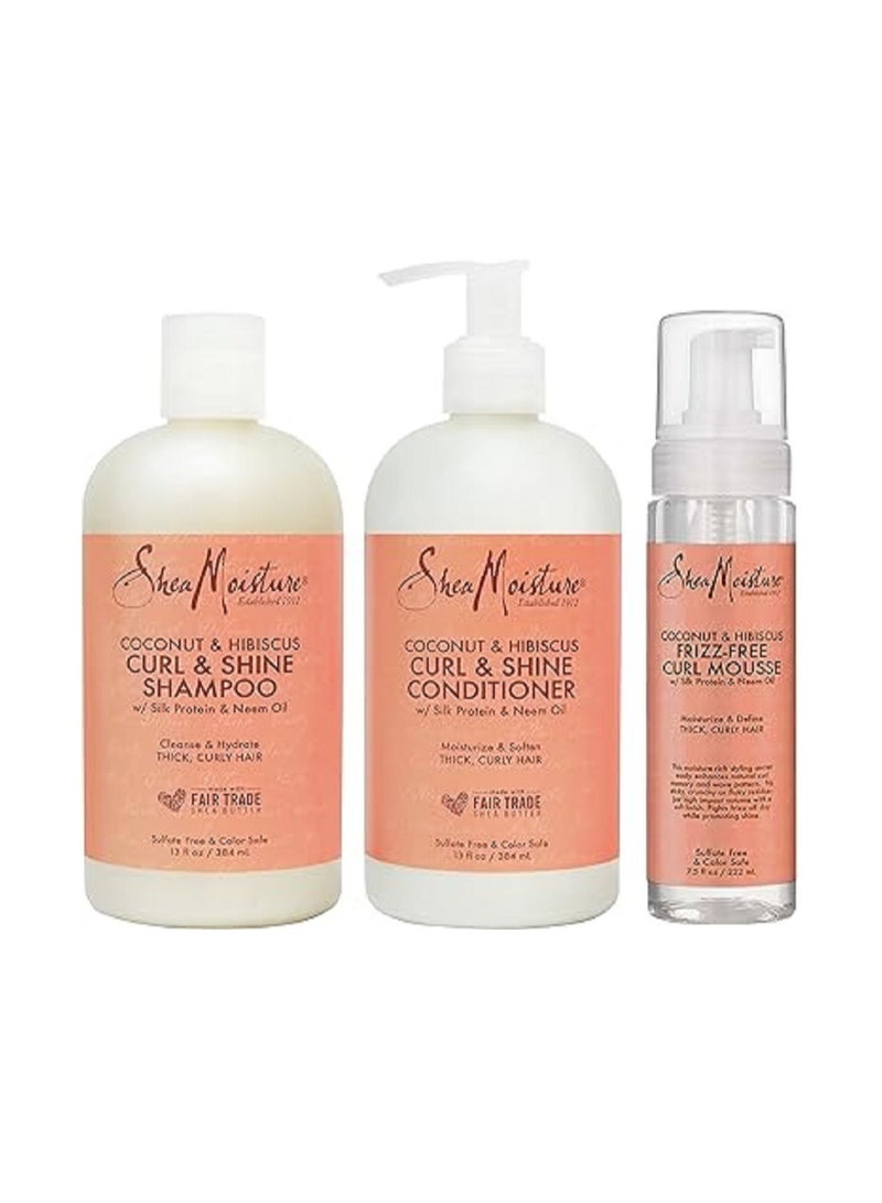 3Piece Coconut And Hibiscus Curl Shampoo & Conditioner and Frizz Free Curl Mousse