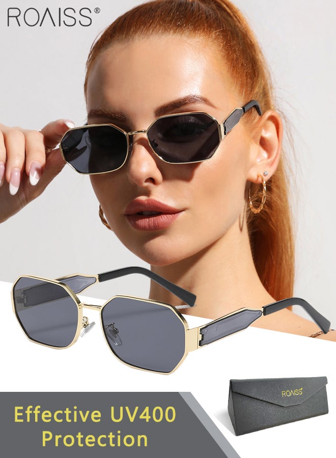 Women's Hexagon Sunglasses, UV400 Protection Sun Glasses with Gold Metal Frame and Grey Lens, Fashion Anti-glare Sun Shades for Women with Glasses Case, 58mm