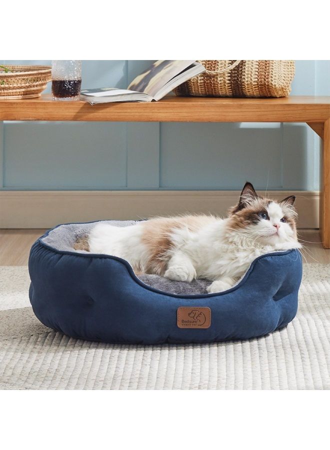 Dog Beds for Small Dogs - Round Cat Beds for Indoor Cats, Washable Pet Bed for Puppy and Kitten with Slip-Resistant Bottom, 20 Inches, Navy