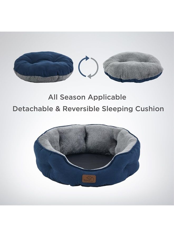 Dog Beds for Small Dogs - Round Cat Beds for Indoor Cats, Washable Pet Bed for Puppy and Kitten with Slip-Resistant Bottom, 20 Inches, Navy