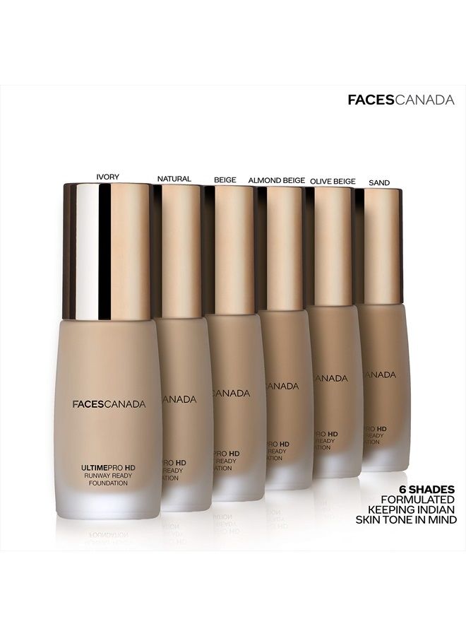 Faces Canada HD Runway Ready Foundation, Red Orange Extract & Gold particles, High Coverage, Oil-Free, Flawless Radiance, Vegan & Cruelty Free, Paraben Free, Ivory 01 (Beige), 1.01 Fl Oz