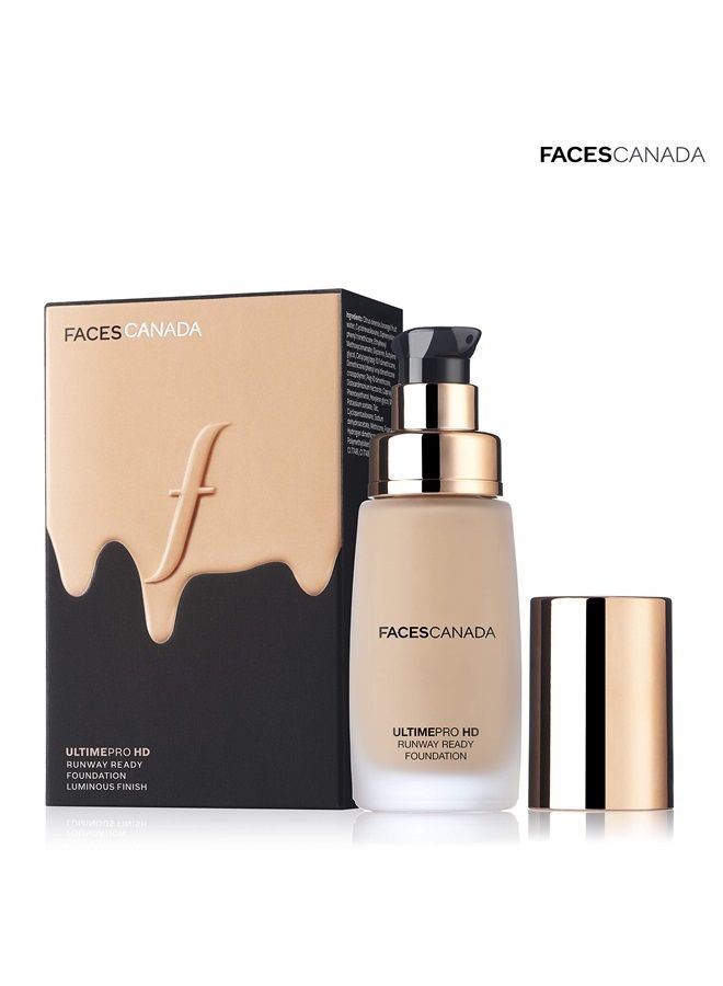 Faces Canada HD Runway Ready Foundation, Red Orange Extract & Gold particles, High Coverage, Oil-Free, Flawless Radiance, Vegan & Cruelty Free, Paraben Free, Ivory 01 (Beige), 1.01 Fl Oz