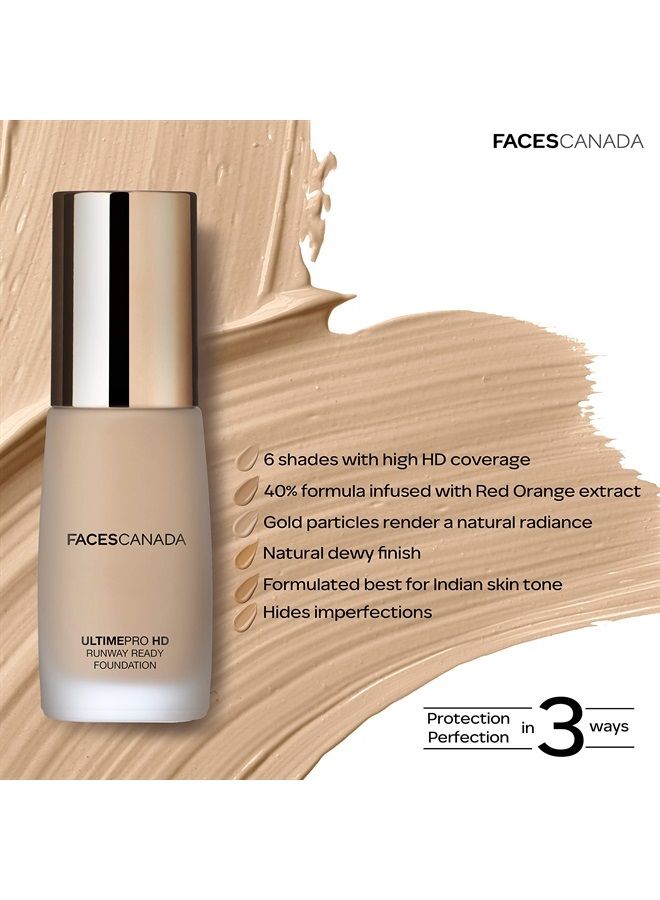 Faces Canada HD Runway Ready Foundation, Red Orange Extract & Gold particles, High Coverage, Oil-Free, Flawless Radiance, Vegan & Cruelty Free, Paraben Free, Ivory 01 (Beige), 1.01 Fl Oz