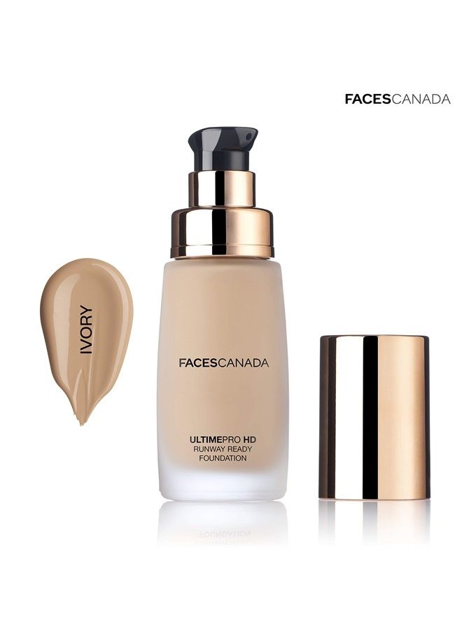 Faces Canada HD Runway Ready Foundation, Red Orange Extract & Gold particles, High Coverage, Oil-Free, Flawless Radiance, Vegan & Cruelty Free, Paraben Free, Ivory 01 (Beige), 1.01 Fl Oz