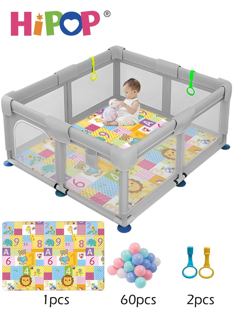 Baby Playpen 180*200cm,with Play Mat and 60 Sea Balls,Indoor Play Game Fence