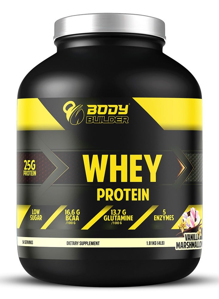 Body Builder 100% Whey Protein, Lean Muscles Growth and Support Recovery, Vanilla Marshmallow Flavor, 4 Lbs