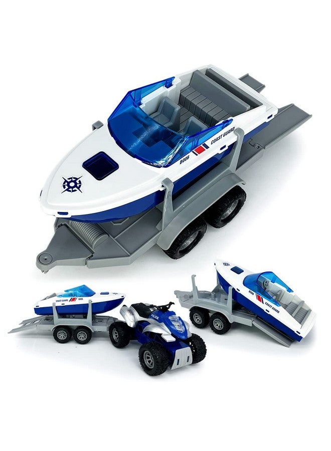 Large Atv Toy With Trailer Speedboat Tow Truck Flatbed Transport Police Motorcycle Toy Vehicle 2 In 1 Playset Light Sound Toys Trucks For Boys 3 4 5 6 7 Years Old Kids Toddlers Birthday Gifts Blue