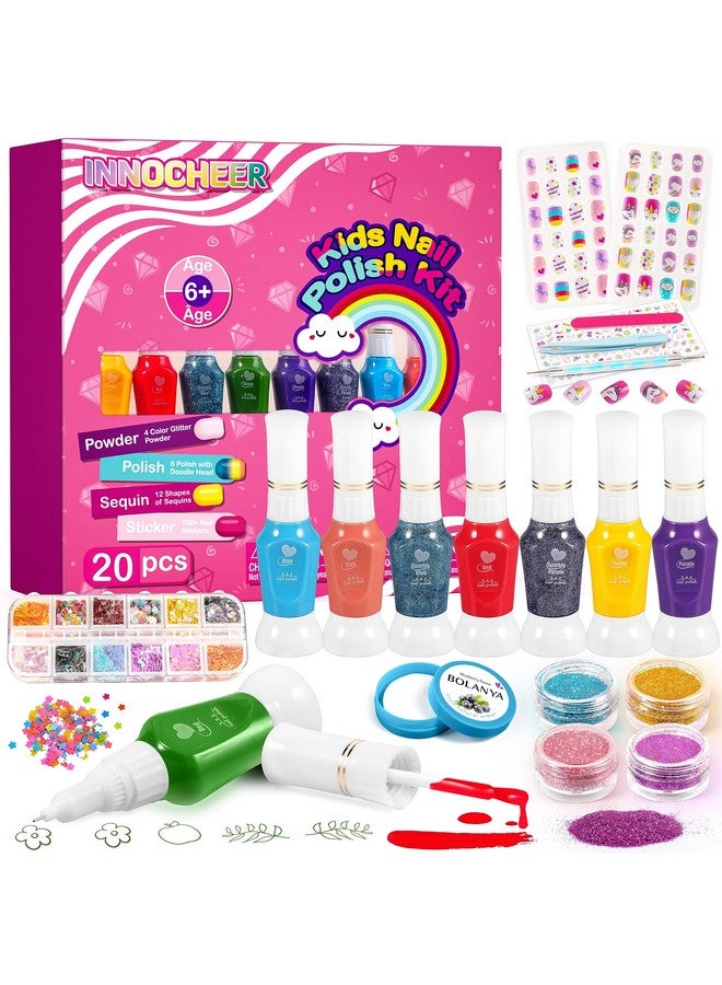 Kids Nail Polish Set For Girls 20 Pcs Kids Nail Art Kit With Non Toxic Nail Polish For Kids Girls/ Glitter Powder/ Sticky Fake Nail/ Nail File For Girls Slumber Party Age 612