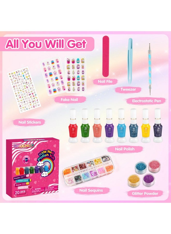 Kids Nail Polish Set For Girls 20 Pcs Kids Nail Art Kit With Non Toxic Nail Polish For Kids Girls/ Glitter Powder/ Sticky Fake Nail/ Nail File For Girls Slumber Party Age 612