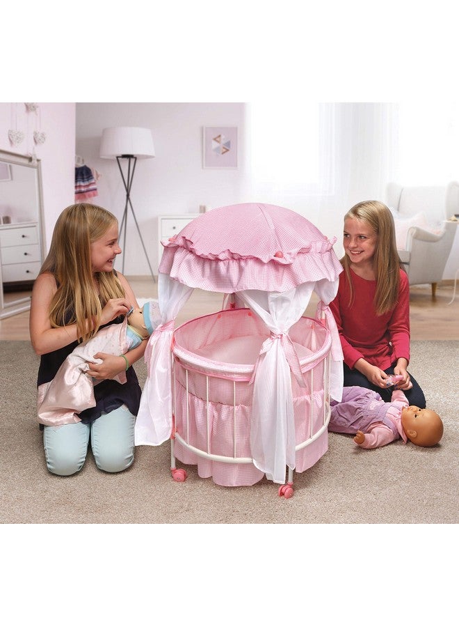 Toy Royal Pavilion Round Doll Bed With Canopy And Bedding For 18 Inch Dolls Pink/White