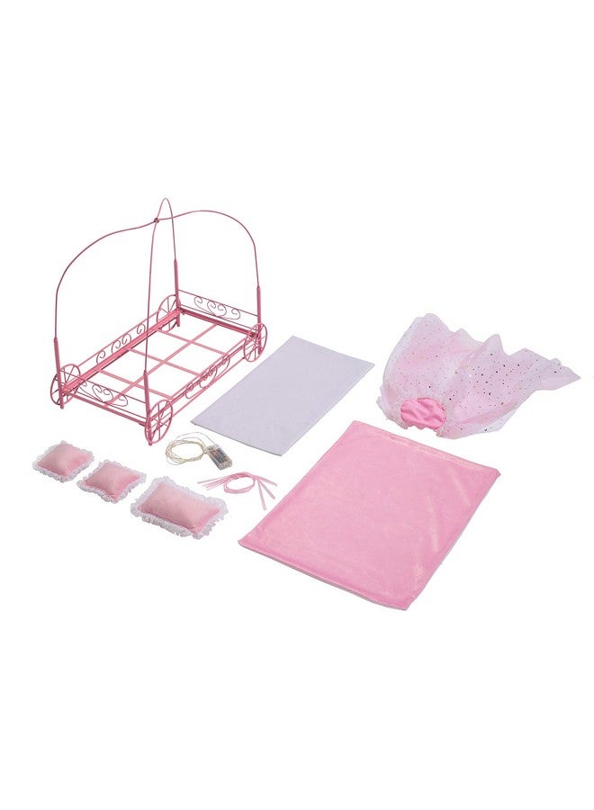 Toy Royal Doll Carriage Bed With Canopy Bedding And Led Lights For 18 Inch Dolls Pink/Stars